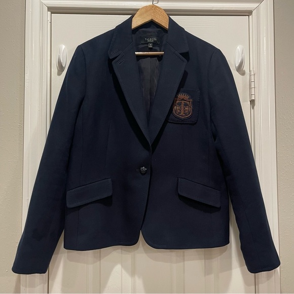 Talbots Blazer Women’s 14 Navy Logo Patch Buttons Preppy Classic Academia Office - Picture 1 of 11